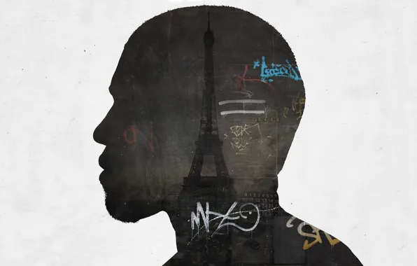 Labels, work, Paris, silhouette, profile, Eiffel tower, Paris, grunge