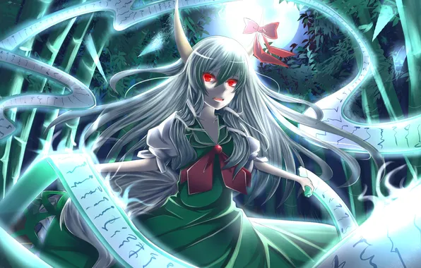 Picture look, girl, the moon, horns, red eyes, touhou, art, scroll