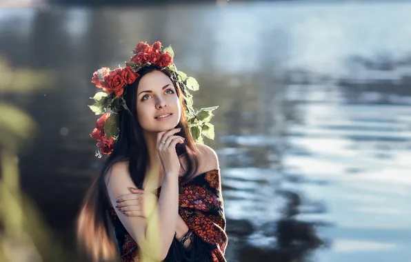Look, water, gesture, wreath, beautiful woman, Chorny Alexander