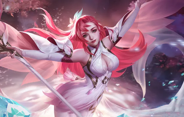 Staff, arena, beautiful girl, pink hair, online, white clothes, MOB, Arena of Valor