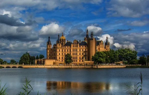 Picture river, castle, Germany, Schwerin