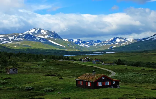 Picture road, the sky, clouds, mountains, house