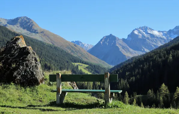 Picture mountains, relax, calm, bench
