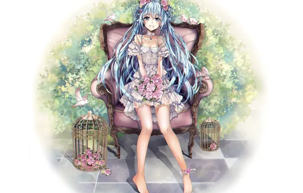 Bouquet, chair, cell, neckline, birds, Hatsune Miku, long hair, vokaloid