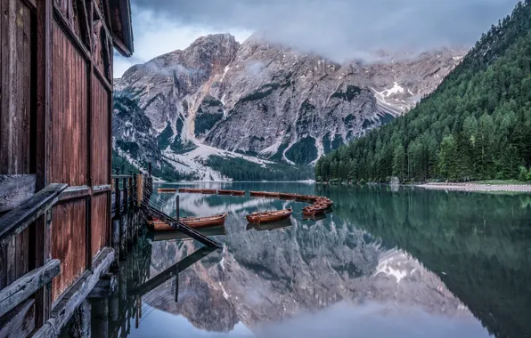 Picture forest, landscape, mountains, nature, lake, reflection, boats, Italy