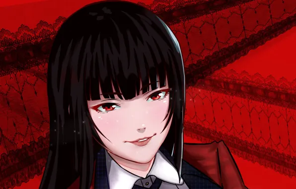 Red, girl, anime, red eyes, face, japanese, bishojo, Kakegurui