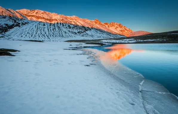 Picture the sky, snow, sunset, mountains, lake