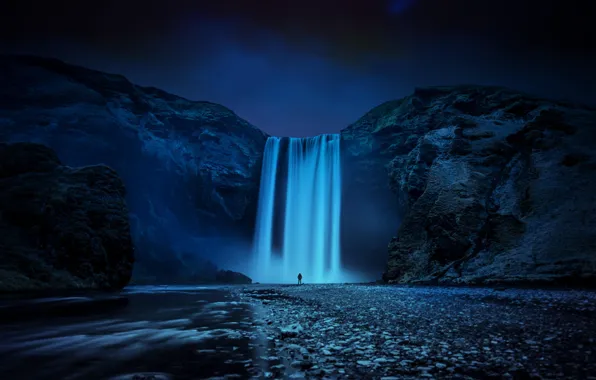 Picture night, nature, river, rocks, people, island, waterfall, stream