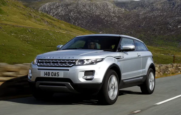 Road, clouds, mountains, coupe, silver, Land Rover, range rover, coupe