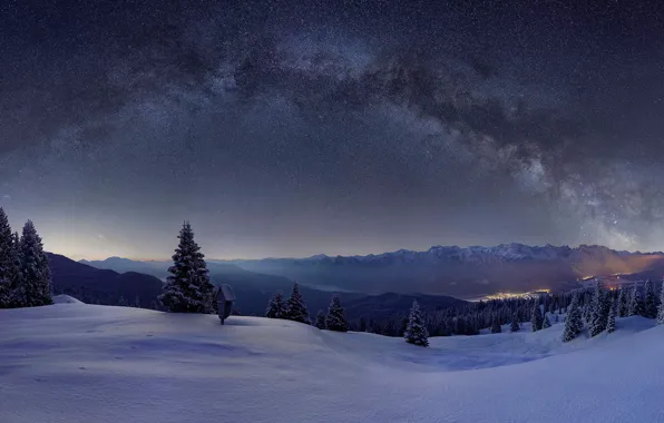 Winter, the sky, stars, snow, Germany, Bayern, The Milky Way