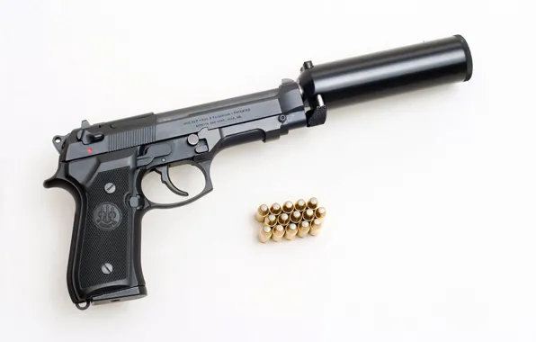 Gun, cartridges, muffler, Beretta 92F