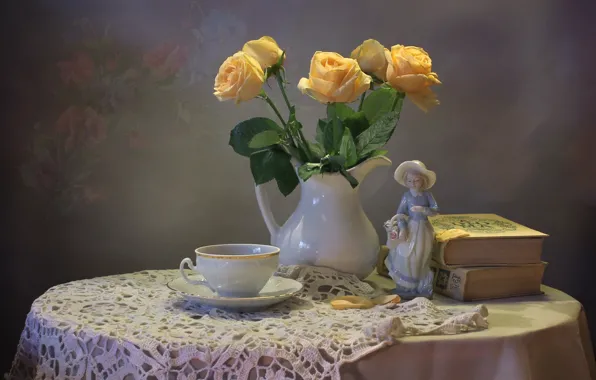 Tea, books, roses, bouquet, Cup, figurine, still life