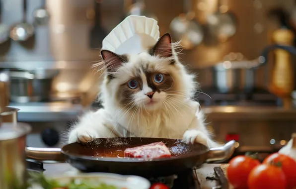 Cat, look, pose, kitty, kitchen, plate, meat, dishes