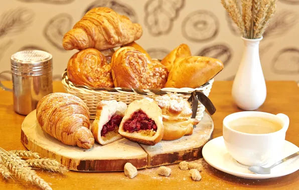 Coffee, cakes, filling, croissants