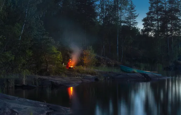 Forest, girl, night, lake, shore, boat, people, the fire