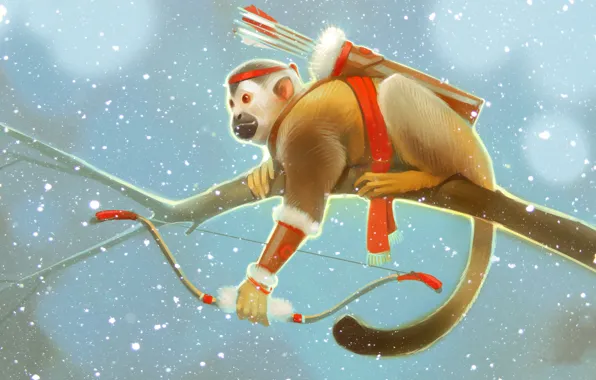 Winter, snow, branch, bow, monkey, arrows, art