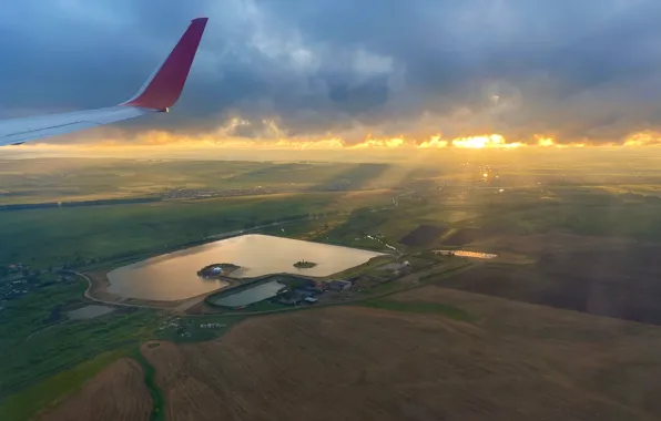 The sun, The sky, Nature, Clouds, Meadows, Field, The plane, Lake