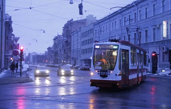 The evening, Tram, Saint Petersburg, Sadovaya street