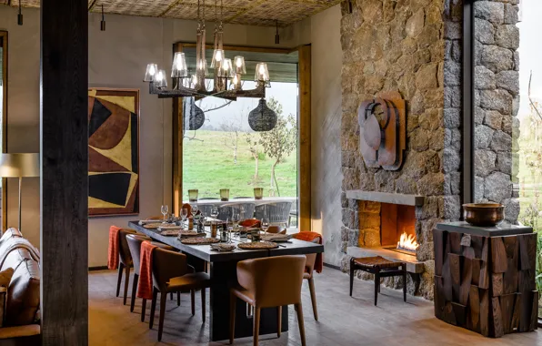 Interior, fireplace, cozy, lounge, dining room, Singita Kataza House