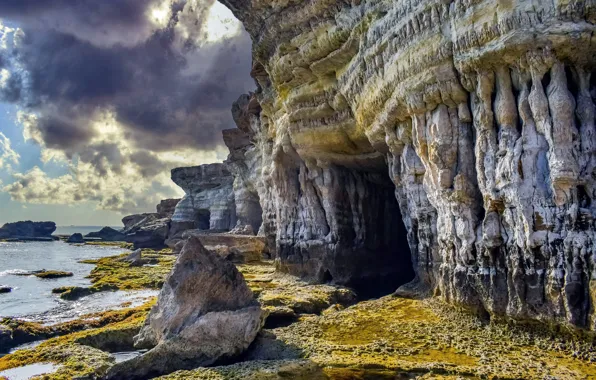 Sea, the sky, clouds, light, stones, rocks, shore, cave
