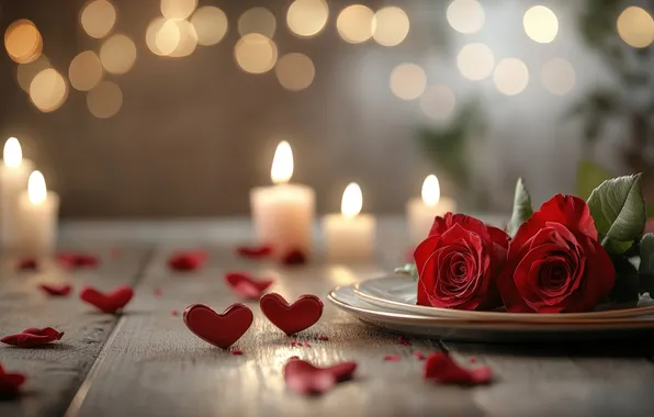 Light, love, flowers, table, flame, holiday, heart, Board