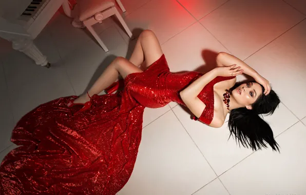 Look, girl, pose, feet, hair, hands, red dress, on the floor
