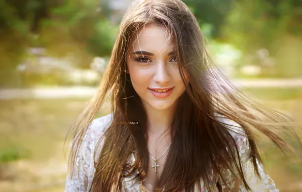 Greens, look, the sun, smile, background, model, portrait, makeup