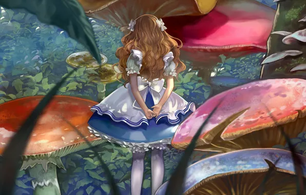 Mushrooms, Alice, girl, bows, Alice in Wonderland, Alice