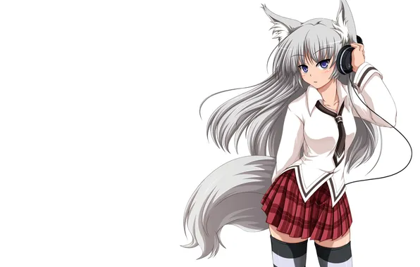 Girl, headphones, tail, grey hair, anime