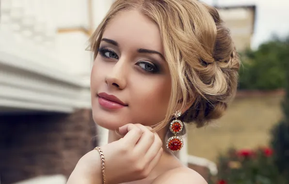 Picture look, girl, background, earrings, makeup, hairstyle, blonde, lips