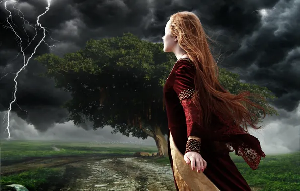 Picture girl, storm, nature, tree, lightning, dress, the middle ages