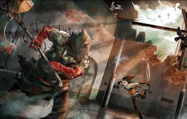 Picture girl, blood, umbrella, axe, chain, fight, Resident Evil, the executioner