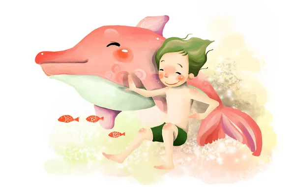 Picture fish, Dolphin, smile, figure, boy, child, under water, Prikosnovenie