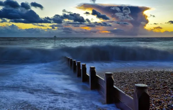 Picture wave, water, clouds, shore, the fence