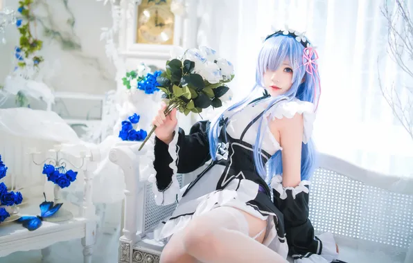 Flowers, pose, model, window, Asian, beauty, blue hair, model