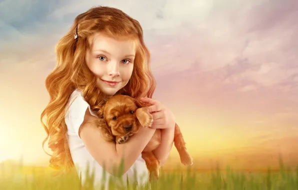 Background, hair, child, girl, puppy, red