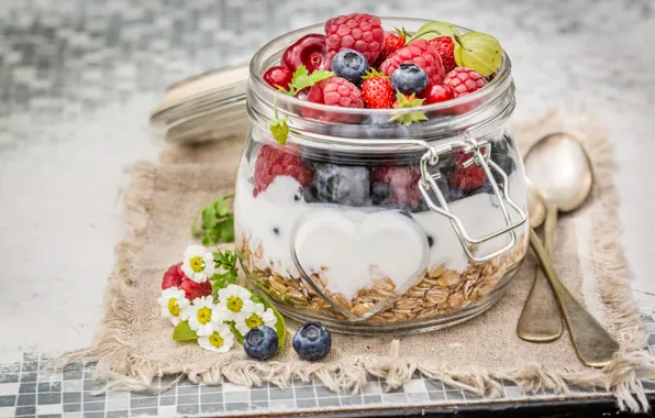 Flowers, cherry, berries, raspberry, food, chamomile, Breakfast, blueberries