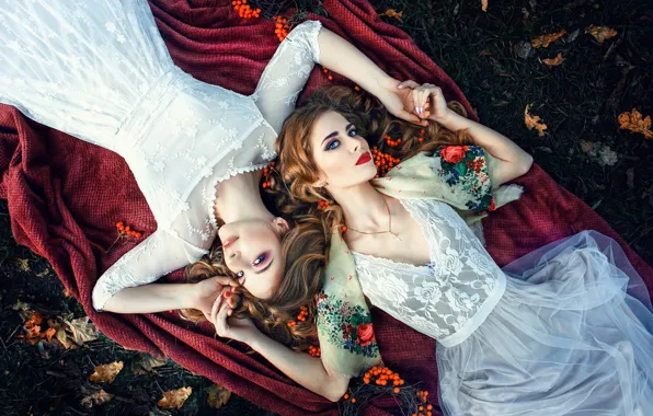 Picture look, leaves, pose, berries, mood, makeup, dress, two girls