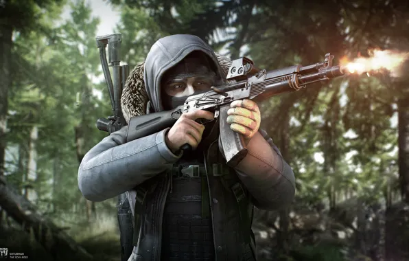 Forest, fire, flame, jacket, hood, shooting, SVD, Kalashnikov