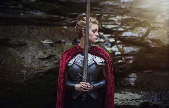 Girl, face, background, hair, sword, armor, cloak