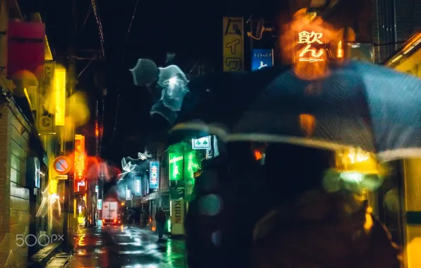 Night, the city, lights, glare, rain, street, umbrellas