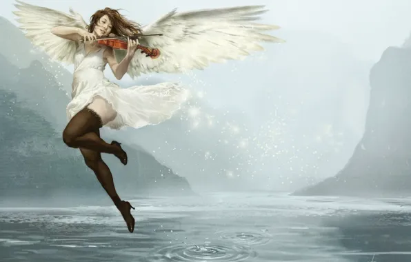 Girl, Music, Lake, Violin, Angel, Asian, Girl, Wings