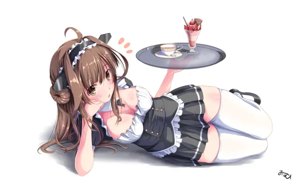 Stockings, white background, lies, the waitress, uniform, dessert, flirting, tray