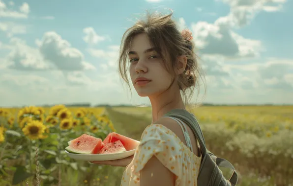 Road, field, summer, the sky, look, girl, clouds, sunflowers