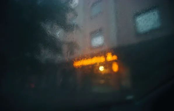 Glass, drops, the city, rain, bokeh