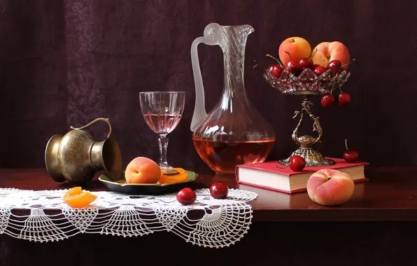 Cherry, table, book, vase, fruit, still life, peaches, decanter