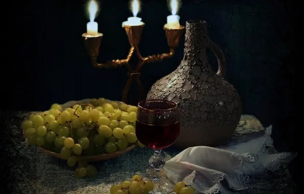 Table, fire, wine, glass, candles, plate, grapes, pitcher