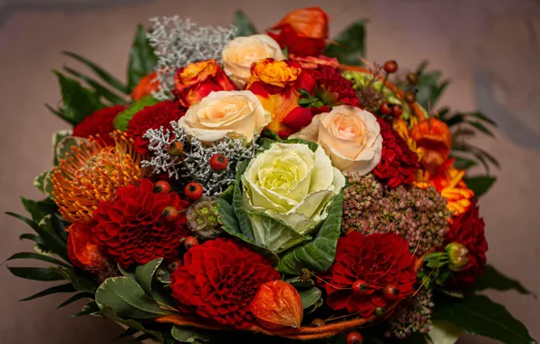 Leaves, flowers, roses, bouquet, fruit, briar, red, orange