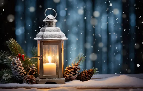 Winter, snow, decoration, New Year, Christmas, lantern, light, new year