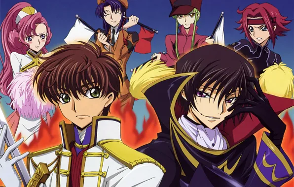 Flame, sword, POM-poms, form, cloak, flags, code geass, lelouch lamperouge